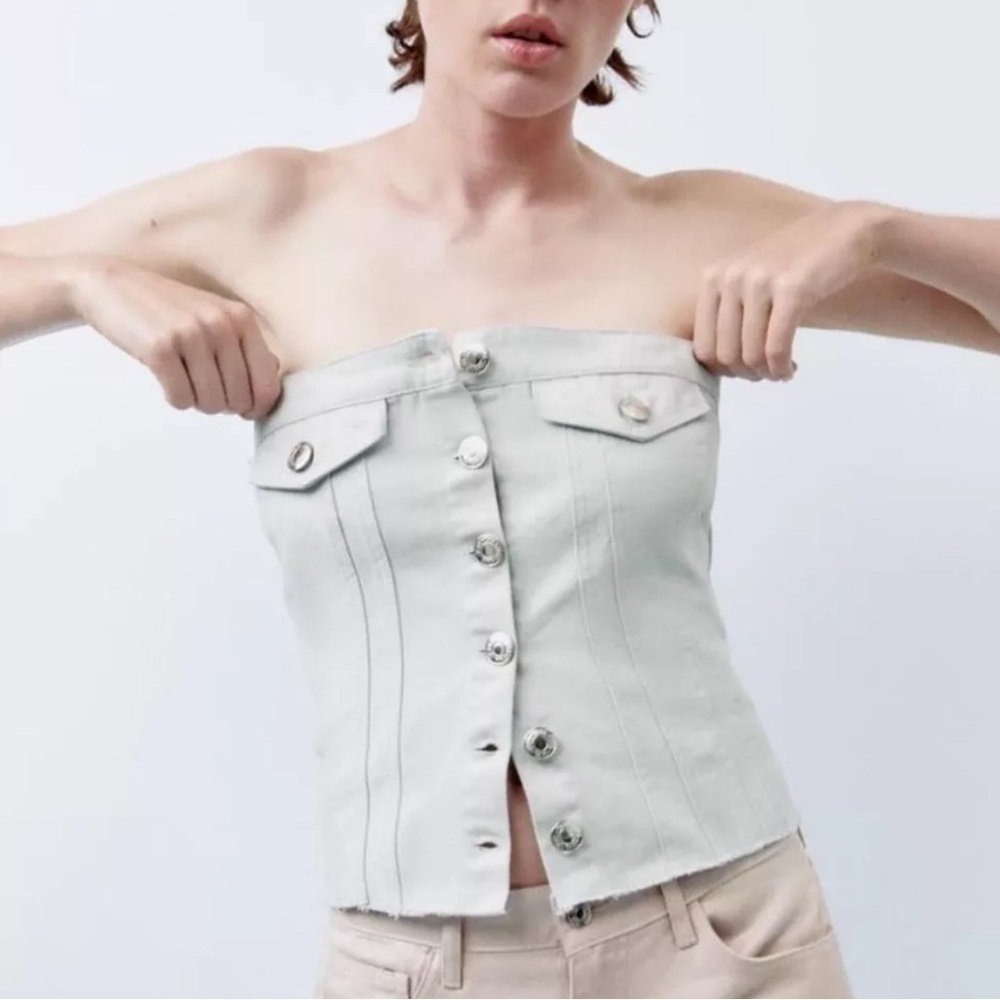 Zara NWOT Grey Silver Strapless Denim Button Up Tube Top - Picture 7 of 7